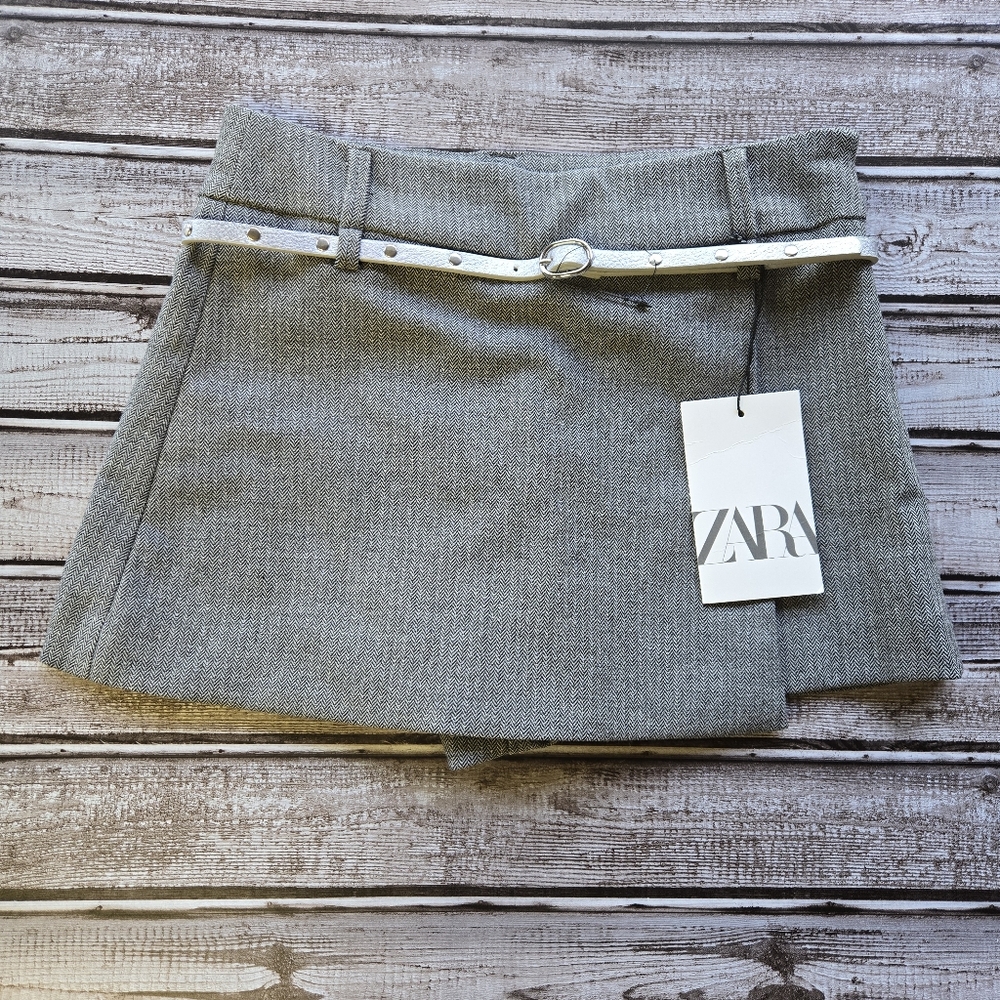 Zara Kids Faux Wrap Harringbone Weave Skort With Studded Belt Gray Girls Size 8